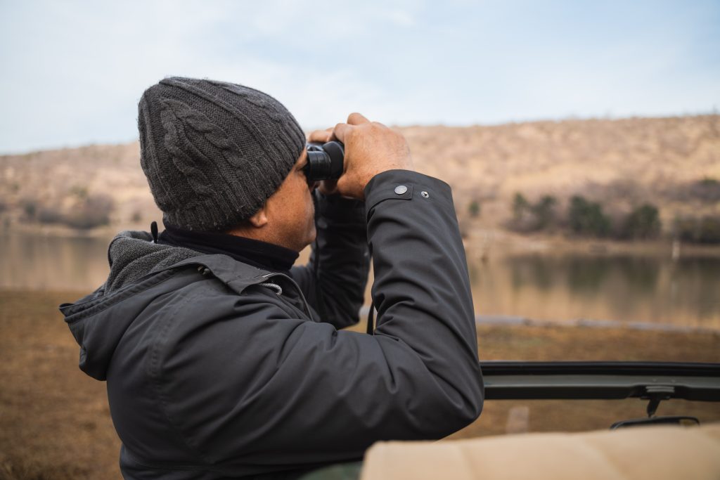 guia de safari buscando señales de tigres de bengala