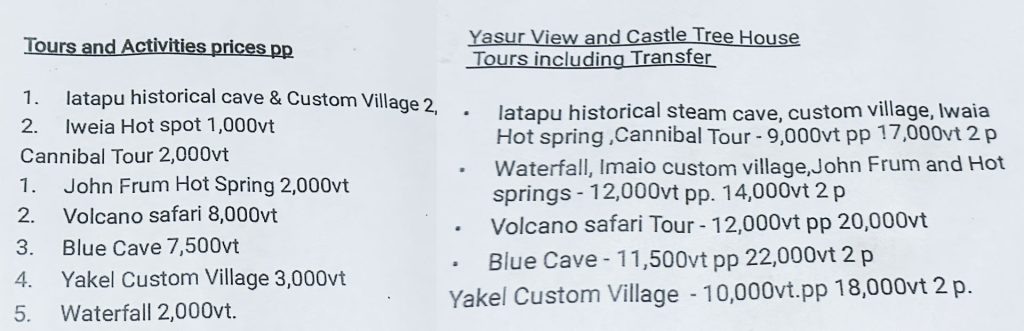 lista de precios actividades en tanna